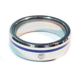 thin blue line police ring Tungsten carbide with off set blue line and cubic zirconia stone 7 mm width