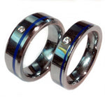 thin blue line police ring Tungsten carbide with off set blue line and cubic zirconia stone