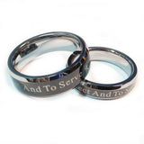 Police Ring with to protect and to serve over a black finish.  Tungsten Carbide metal 5 mm and 7 mm width
