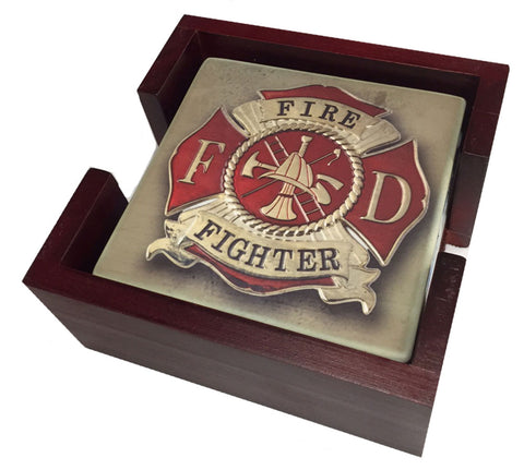 Firefighter Fireman Red Gold Maltese Cross Tile Coaster Set and Holder