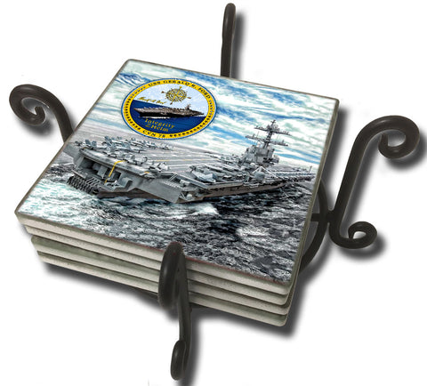 United States Navy USS Gerald R. Ford CVN 78 Aircraft Carrier Tile Coaster Set and Holder