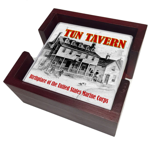 Birthplace of the United States Marine Corps Tun Tavern Tile Coaster Set and Holder