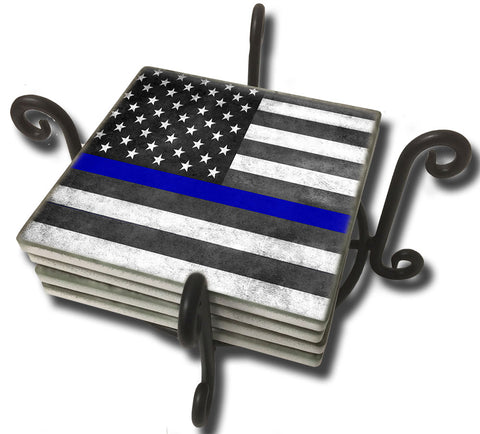 Thin Blue Line Law Enforcement American Flag Tile Coaster Set and Holder