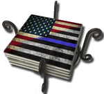 Red White Blue Thin Blue Line Law Enforcement American Flag Tile Coaster Set and Holder