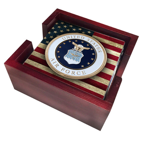 United States Air Force Seal with American Flag Tile Coaster Set and Holder