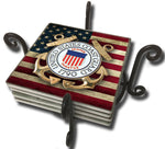 United States Coast Guard Seal on American Flag Tile Coaster Set and Holder