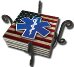Paramedic EMS Star of Life on American Flag Tile Coaster Set and Holder