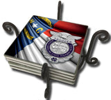 North Carolina State Highway Patrol Badge Flag Tile Coaster Set and Holder