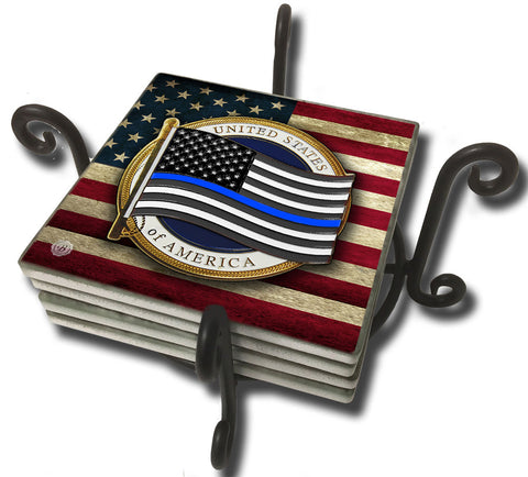 Flowing Thin Blue Line Law Enforcement American Flag Tile Coaster Set and Holder