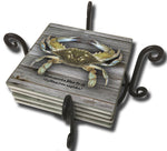 Chesapeake Blue Crab Sandstone Coaster Set Metal or Wooden Holder