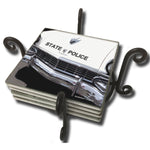 Vintage State Police Car Tile Coaster Set and Holder