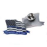 Thin Blue Line Law Enforcement American Flowing Flag To Protect And To Serve Lapel Pin