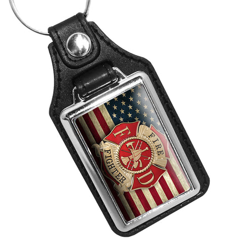 Firefighter Maltese Cross Emblem American Flag Design Faux Leather Key Ring