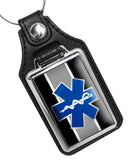 Black White Stripe Paramedic EMT EMS Star of Life Emblem Faux Leather Key Ring