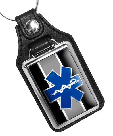 Black White Stripe Paramedic EMT EMS Star of Life Emblem Faux Leather Key Ring