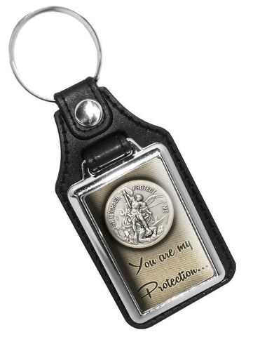Police Sheriff St. Michael Protect Me You Are My Protection Design Faux Leather Key Ring