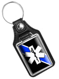 Police Sheriff Thin Blue Line EMS Star of Life Emblem Faux Leather Key Ring