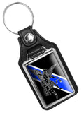Police Sheriff Thin Blue Line Patron Saint Michael Emblem Faux Leather Key Ring