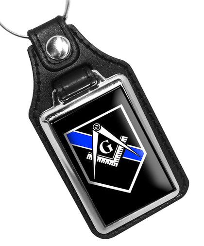 Police Sheriff Thin Blue Line Mason Compass and Square Faux Leather Key Ring