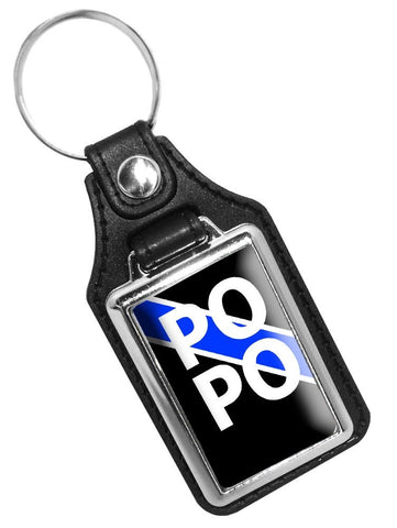 Here Come the PO PO Thin Blue Line Police Faux Leather Key Ring