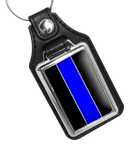 Thin Blue Line Police Sheriff Law Enforcement Black Blue Black Faux Leather Key Ring