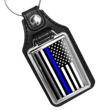 Thin Blue Line American Flag Solid Stripes Police Sheriff Faux Leather Key Ring