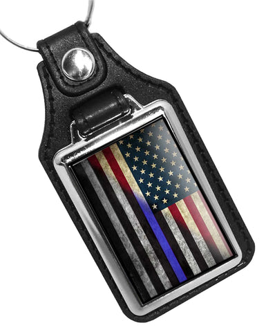 Red White Thin Blue Line American Flag for Law Enforcement Police Sheriff Faux Leather Key Ring