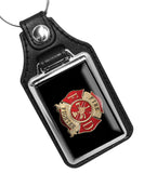 Firefighter Gold Red Maltese Cross Emblem Design Faux Leather Key Ring