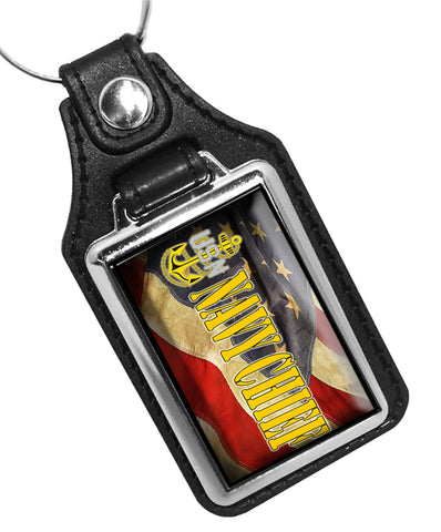 United States Navy Chief Emblem Flowing Flag Faux Leather Key Ring