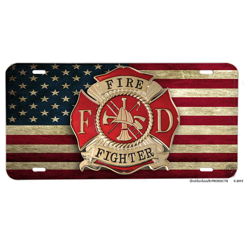 Firefighters Maltese Cross On Distressed American Flag Aluminum License Plate