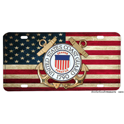 United States Coast Guard Emblem on American Flag Design Aluminum License Plate