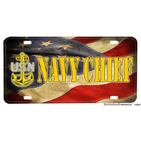 United States Navy Chief Flowing American Flag Aluminum License Plate