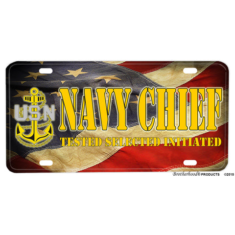 United States Navy Chief Tested Selected Initiated Flowing American Flag Aluminum License Plate