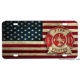 Firefighters Maltese Cross On Distressed American Flag Right Side Aluminum License Plate
