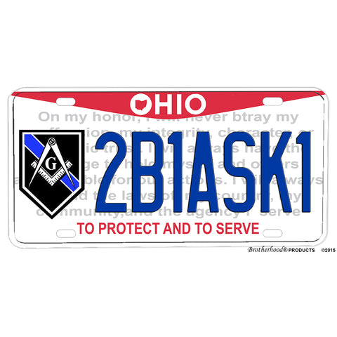 Thin Blue Line Ohio Masons Square and Compass 2B1ASK1 Aluminum License Plate