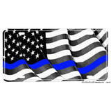 Thin Blue Line Flowing American Flag for law Enforcement Aluminum License Plate