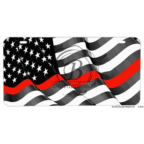 Firefighter Thin Red Line Flowing Flag Aluminum License Plate