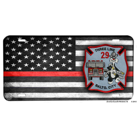Firefighter Thin Red Line American Flag Baltimore City Three Line 29 Aluminum License Plate