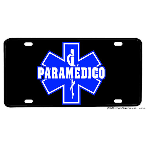 Spanish Paramedico Star of Life Distressed American Flag Aluminum License Plate