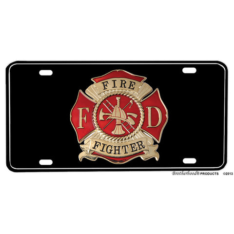 Firefighter Maltese Cross Black Background Aluminum License Plate