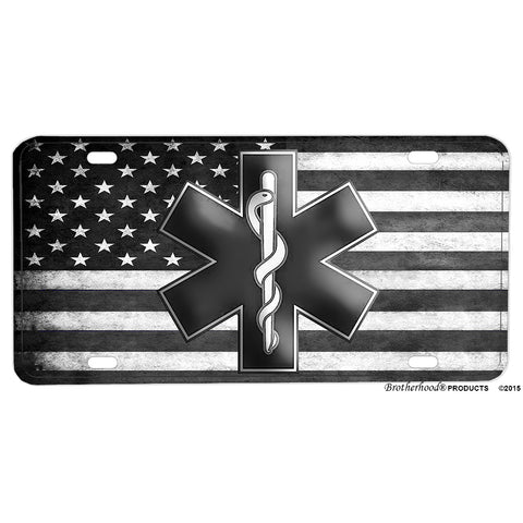 Emergency Medical Services EMS Star of Life Subdued American Flag Aluminum License Plate