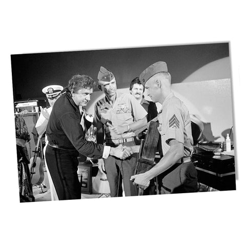 United States Marine Sergeant Shaking Hands with Johnny Cash On Stage Poster 24x36 or 11x17
