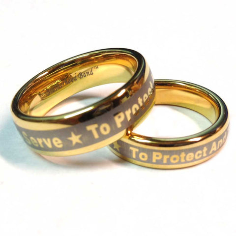 Police Ring With To Protect And To Serve Engraved on outside - Gold Tungsten Carbide 7 mm width and 5 mm width