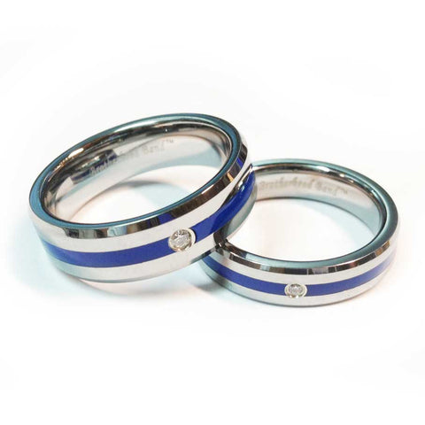 thin blue line police ring silver tungsten carbide with a cubic zirconia 5 mm and 7 mm width