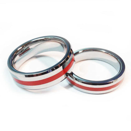 Thin Red Line Firefighter Ring - Silver Tungsten Carbide 7 mm and 5 mm width