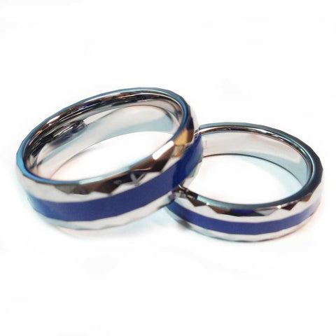 thin blue line police ring silver tungsten carbide with a facet cut band 7 mm and 5 mm widths
