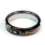 Police Ring with to protect and to serve over a black finish.  Tungsten Carbide metal 5 mm width