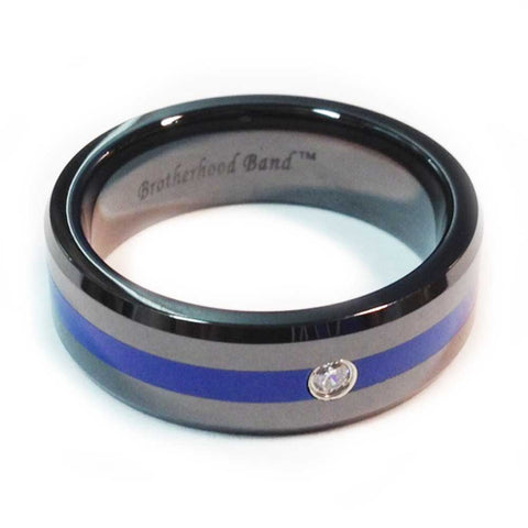 Thin Blue Line Police Ring- Black Finish With Blue Line and CZ Stone 