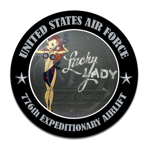 United States Air Force Nose Art Lucky Lady 776th Expeditionary Airlift 11.75 Inch Circle Aluminum Sign