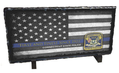 Connecticut's State Police Blue Line Flag & Patch Slate Photo Rock